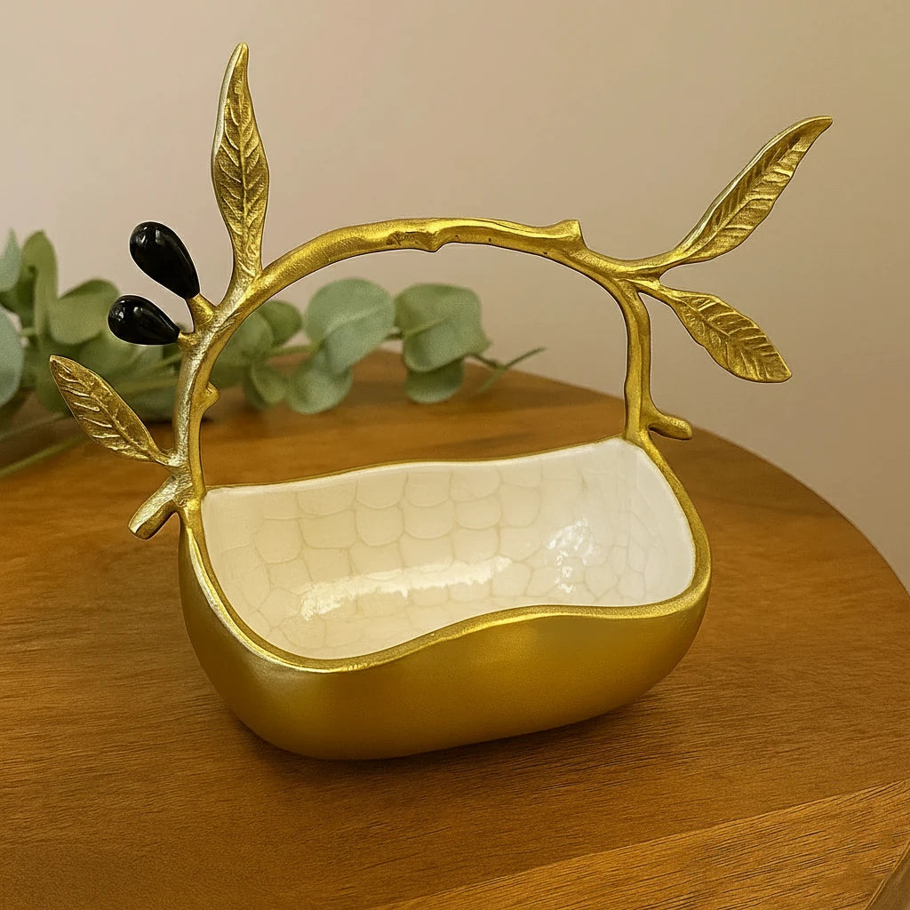 Olive Branch Decorative Basket – Gold Handle with Ivory Ceramic Base | Candy & Dry Fruit Bowl (27×9×28 cm)