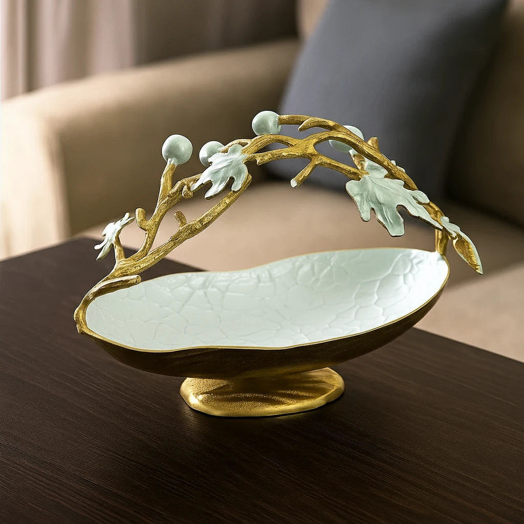 Handcrafted Gold Candy Bowl with Botanical Handle – Ceramic Basket for Chocolates, Dry Fruits & Festive Serving