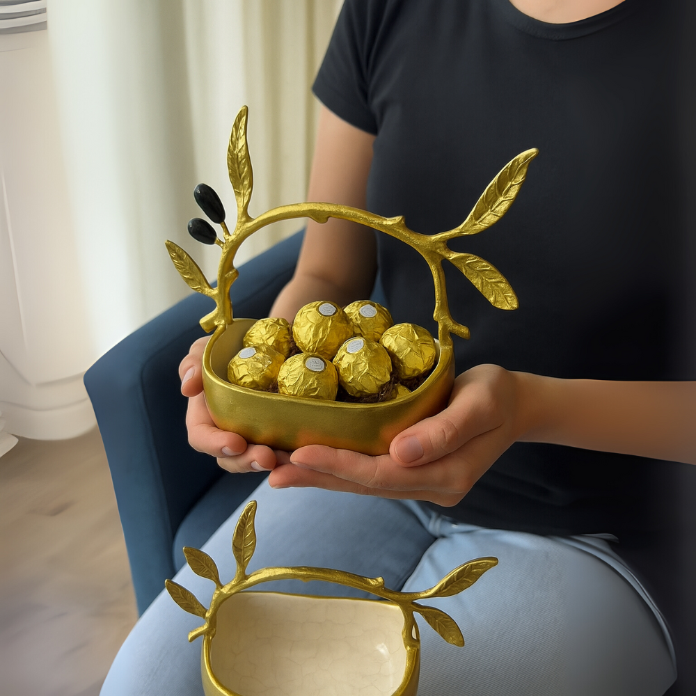 Handcrafted Olive Branch Basket – Gold Metal Handle with Ceramic Bowl | Ideal for Dry Fruits, Gifting & Home Décor