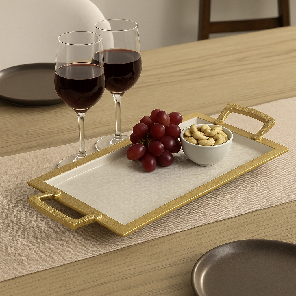 Sleek Gold-Edged Long Serving Tray – Designer Decorative Tray for Tabletop Entertaining"