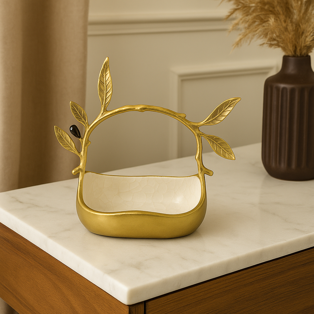 Handcrafted Olive Branch Basket – Gold Metal Handle with Ceramic Bowl | Ideal for Dry Fruits, Gifting & Home Décor